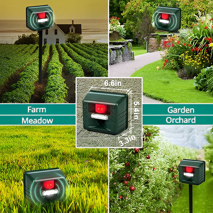 Humane outdoor ultrasonic animal repeller. Solar powered woodpecker deterrent for gardens & yard protection.