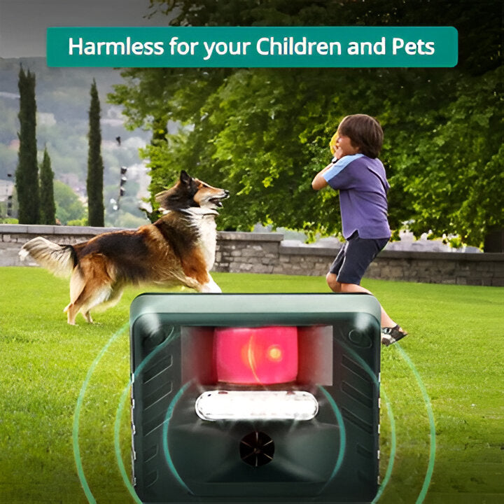 Solar powered, motion activated & weather resistant ultrasonic woodpecker repeller for garden pest control.