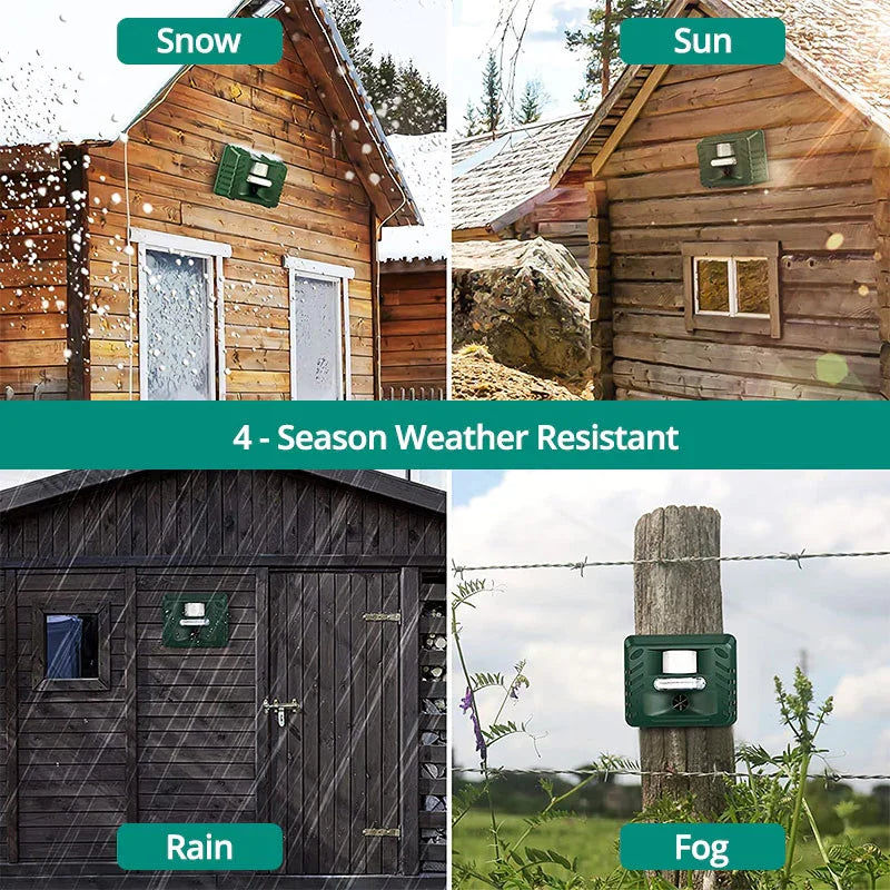 Efficient outdoor ultrasonic woodpecker deterrent. Solar powered pest control for gardens and yard defense.