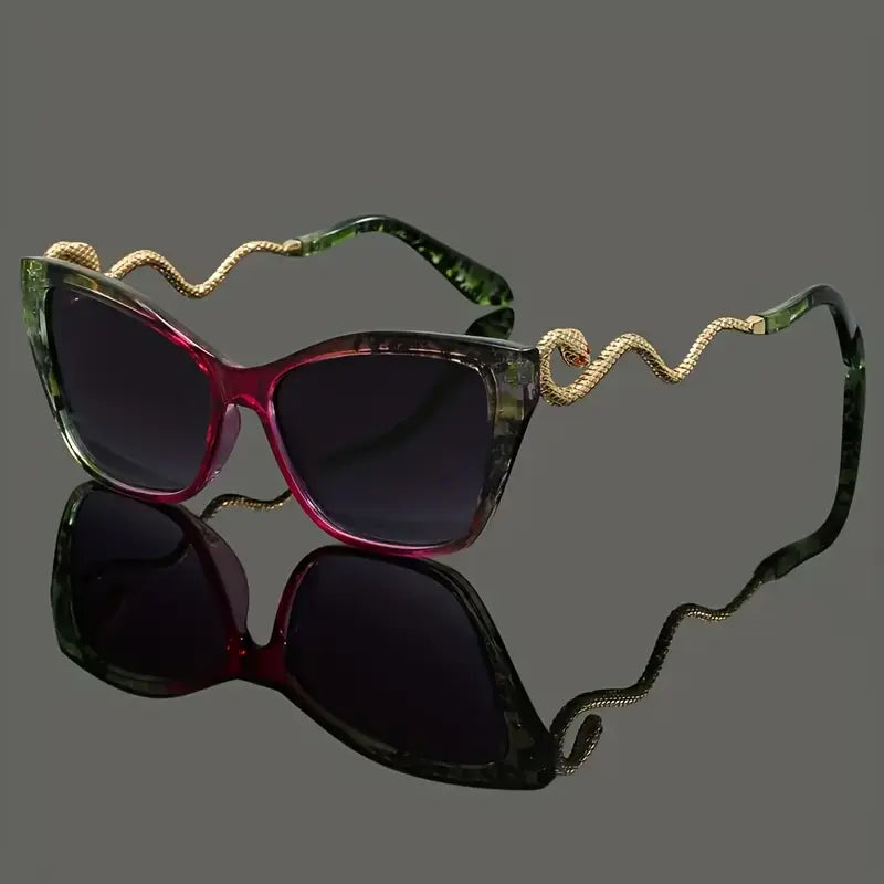 Women's statement cat-eye sunglasses, oversized, featuring intricate snake arm design.