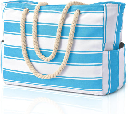A spacious, sandproof, waterproof oversized tote bag for women's beach and travel needs.