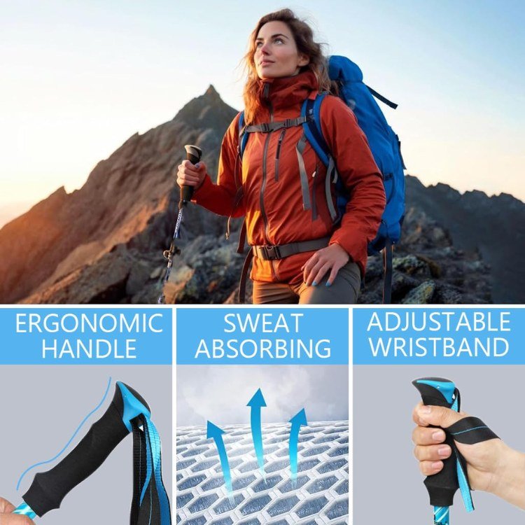 Lightweight aluminum trekking poles featuring ergonomic grips, ideal for hiking and outdoor adventures.