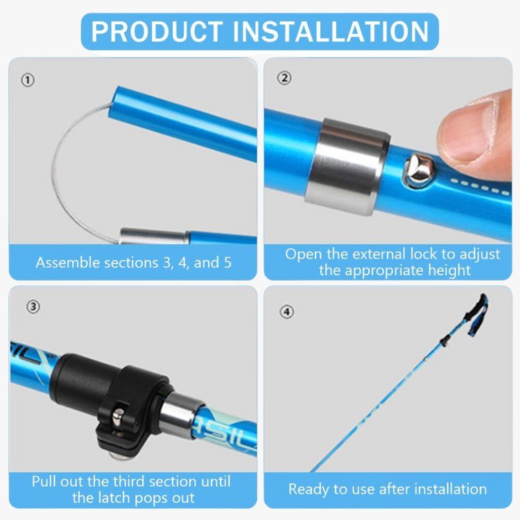 Adjustable trekking poles in use on a trail, highlighting their ergonomic design for outdoor trekking.