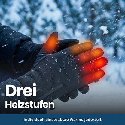 Unisex heated gloves in a winter outdoor setting, emphasizing warmth suited for cold weather conditions.