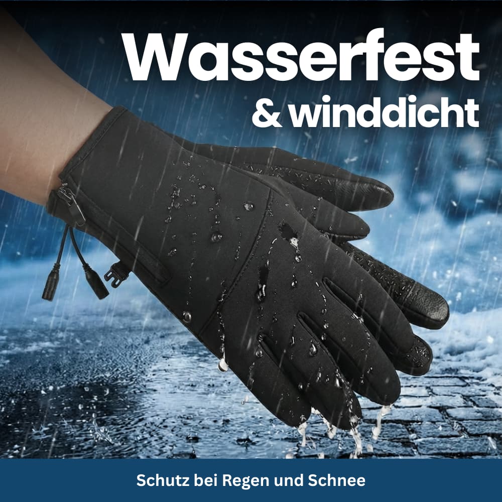 Unisex heated gloves with hands gripping a motorcycle handle, suggesting use for motorcycling and cold rides.