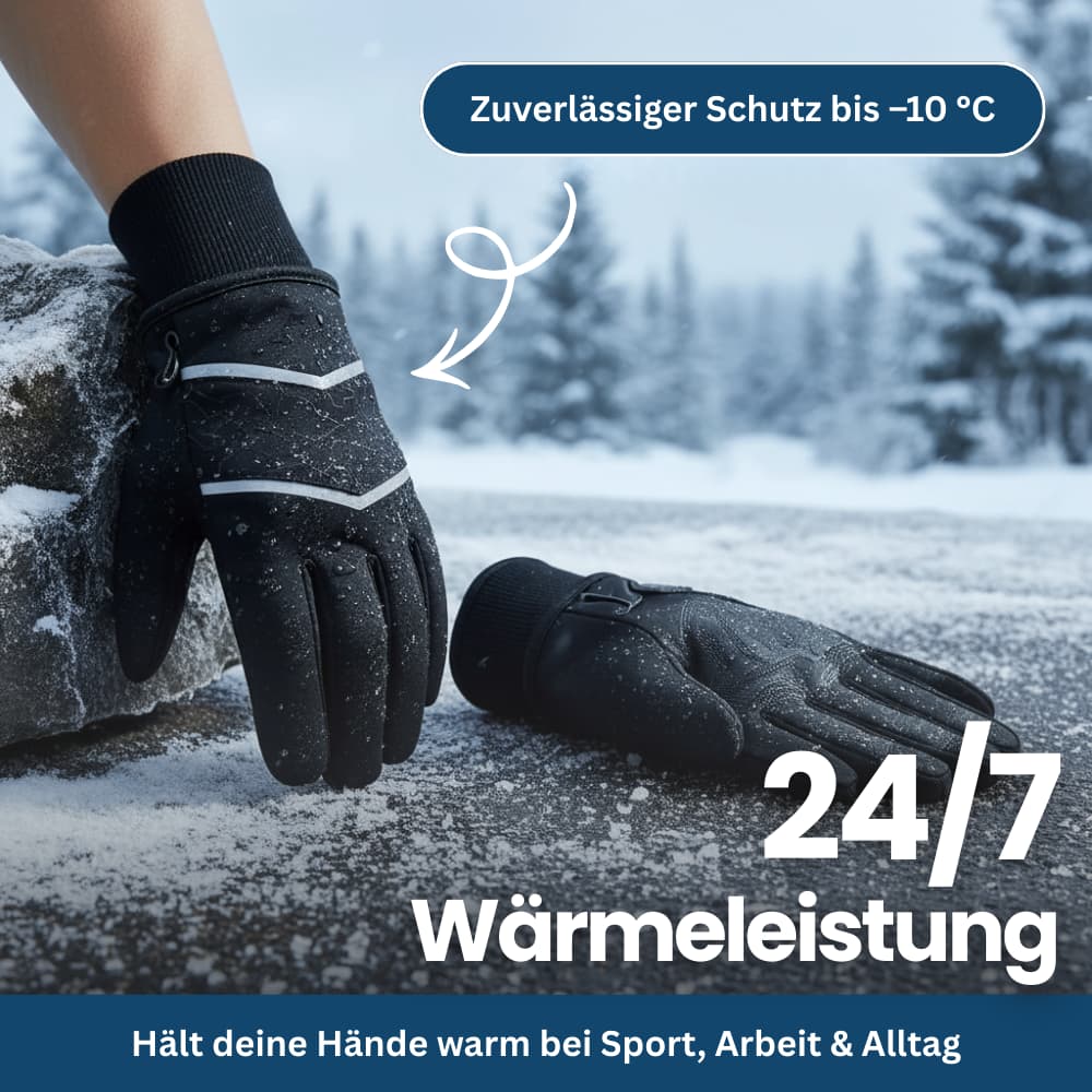 Close-up of insulated Unisex ThermoPolar gloves, ideal outdoor gear for hiking in winter.
