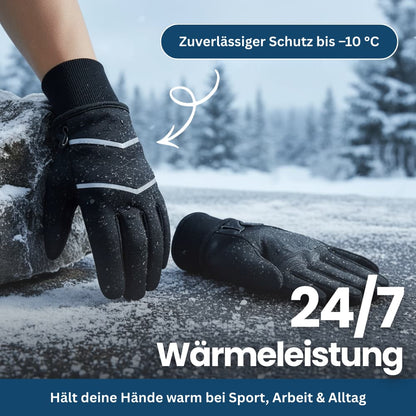 Close-up of insulated Unisex ThermoPolar gloves, ideal outdoor gear for hiking in winter.