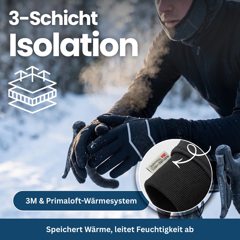 Model wearing black Unisex ThermoPolar thermal gloves, perfect accessories for cold weather.