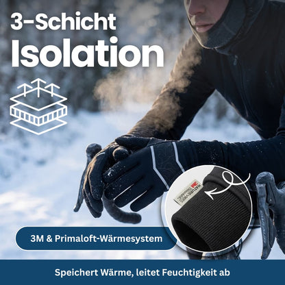 Model wearing black Unisex ThermoPolar thermal gloves, perfect accessories for cold weather.