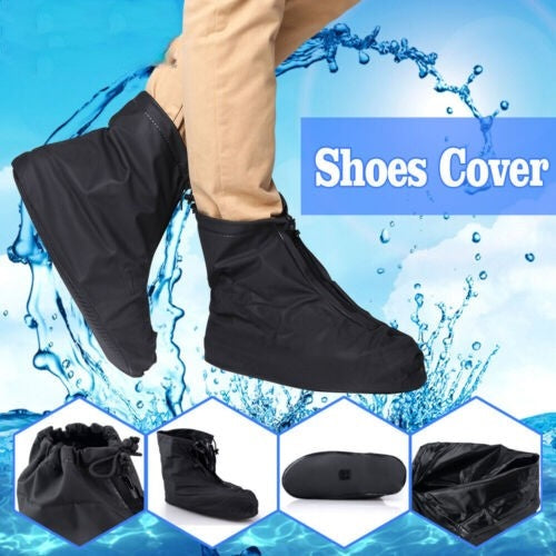 Pair of black waterproof anti-slip reusable shoe covers on white background.