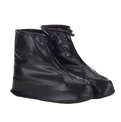 Packaging of unisex waterproof shoe covers, highlighting reusable and anti-slip features.