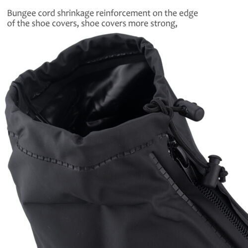 Person wearing black reusable waterproof shoe covers walking in the rain.