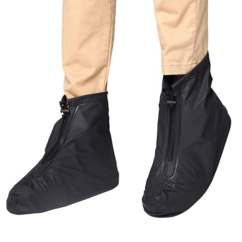 Unisex waterproof shoe covers with reflective accents for low light visibility.