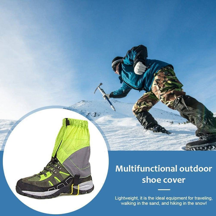 Model wearing black snow gaiters over hiking boots, demonstrating leg protection for winter running.