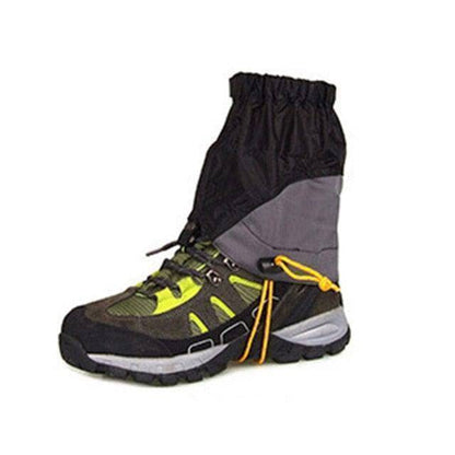 Detail of waterproof zipper and hook on outdoor gaiters, ensuring snow and debris stay out during trekking.