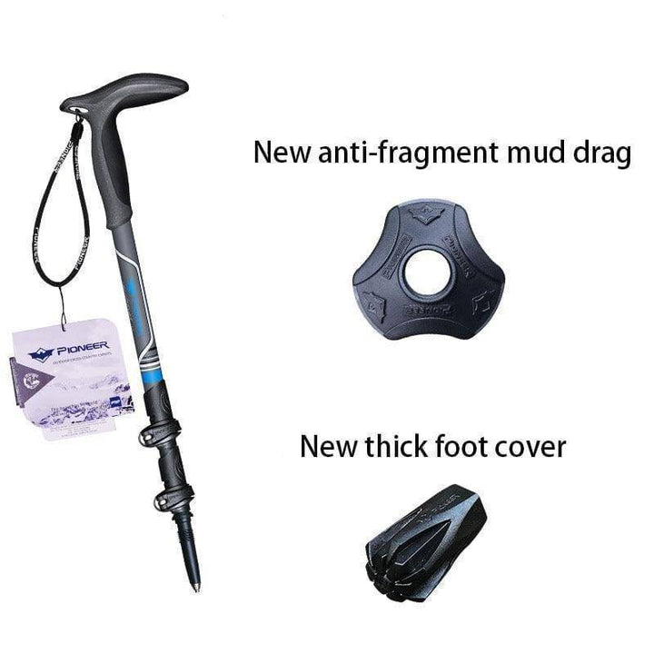 Carbon fiber hiking poles with comfortable cork grips and wrist straps, essential outdoor adventure gear.