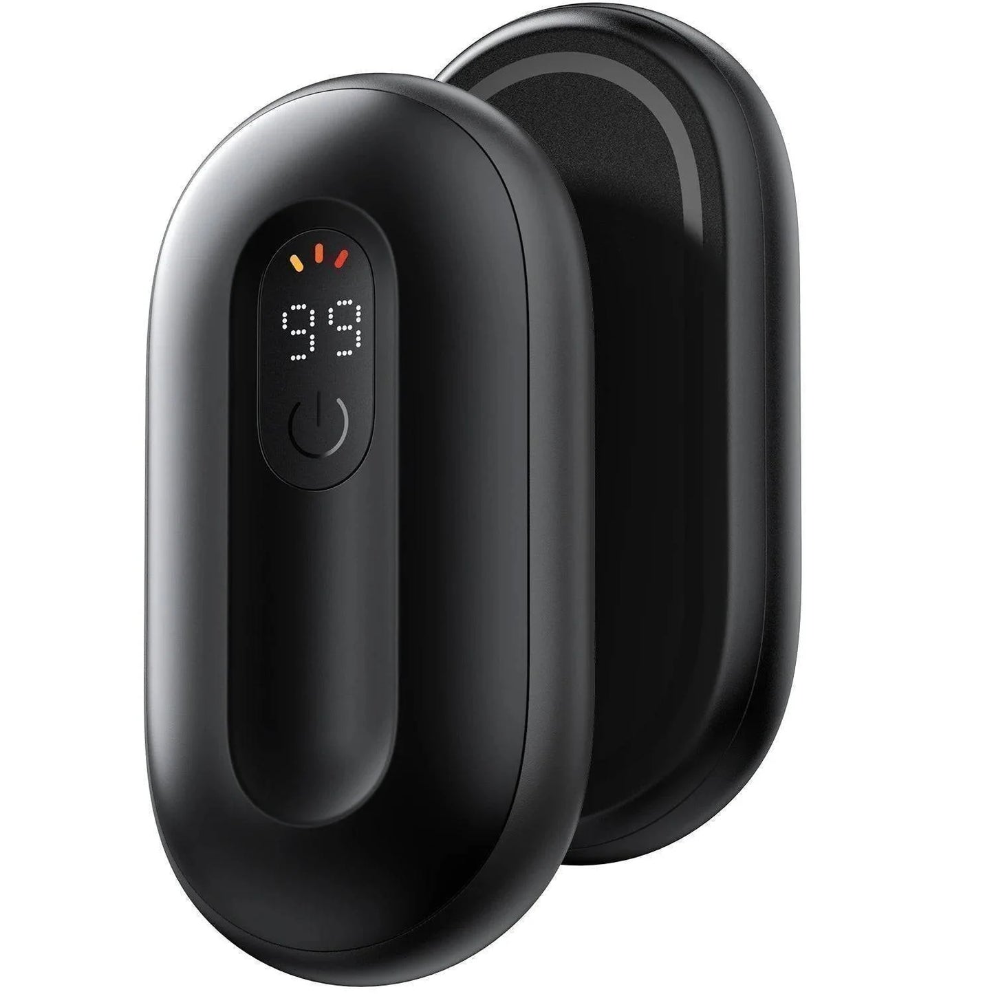 Pair of magnetic rechargeable hand warmers with digital display, ideal for outdoor winter activities