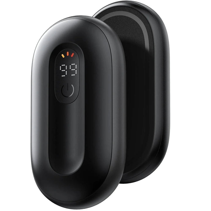 Pair of magnetic rechargeable hand warmers with digital display, ideal for outdoor winter activities
