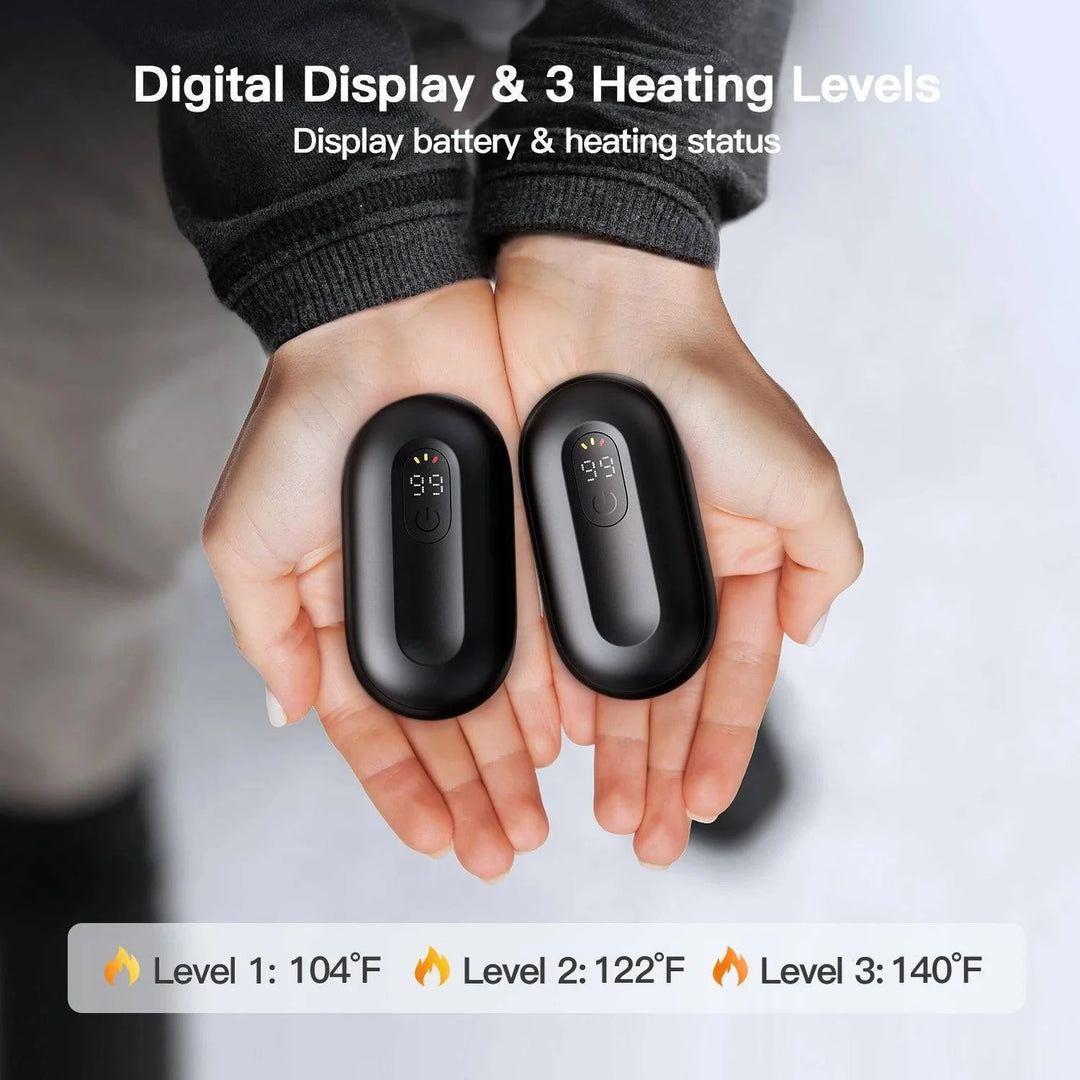 Close-up of magnetic hand warmer showcasing digital display and ergonomic design for comfortable grip