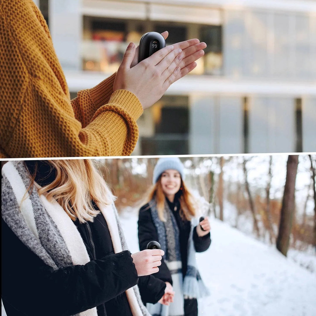 Two halves of a magnetic rechargeable hand warmer separated, highlighting their versatile and portable design