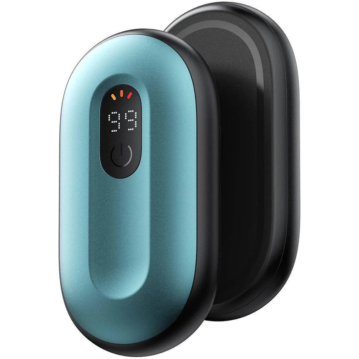 Digital display on a magnetic hand warmer showing temperature, great for winter gear and outdoor accessories