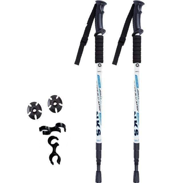 Compacted unisex trekking poles with anti-shock feature, ready for transport in outdoor gear bag.