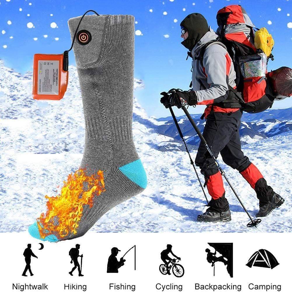 Pair of unisex heated thermal hiking socks, essential cold weather outdoor gear for winter activities