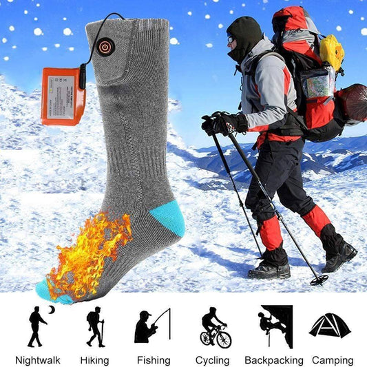 Pair of unisex heated thermal hiking socks, essential cold weather outdoor gear for winter activities