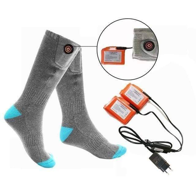Close-up of rechargeable heated socks, ideal for hiking and camping in cold weather conditions