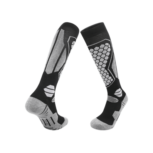 Pair of unisex thermal winter ski socks, black with grey accents, on a white background