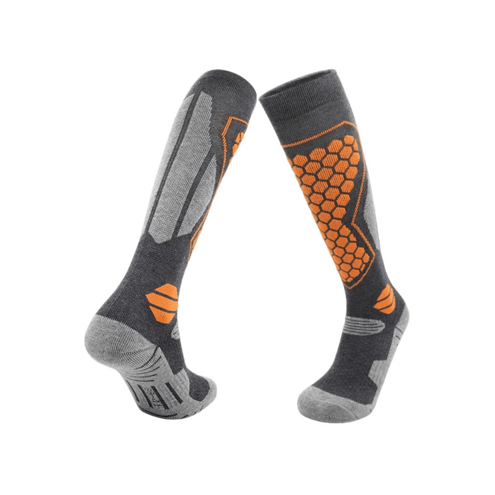 Grey thermal athletic socks, designed for unisex winter sports and outdoor activities