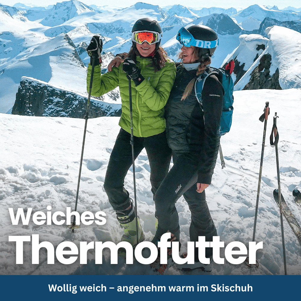 Model wearing black thermal winter ski socks with ski boots, ready for slopes