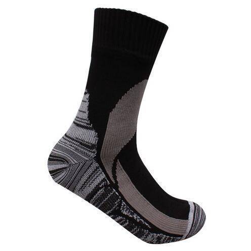 Unisex black waterproof socks, packed for an outdoor hiking trip.
