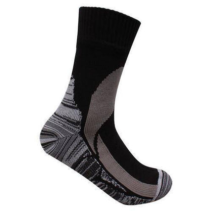 Unisex black waterproof socks, packed for an outdoor hiking trip.