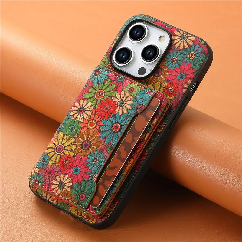 Patterned iPhone wallet case with kickstand, protective vegan leather phone cover for unisex style.