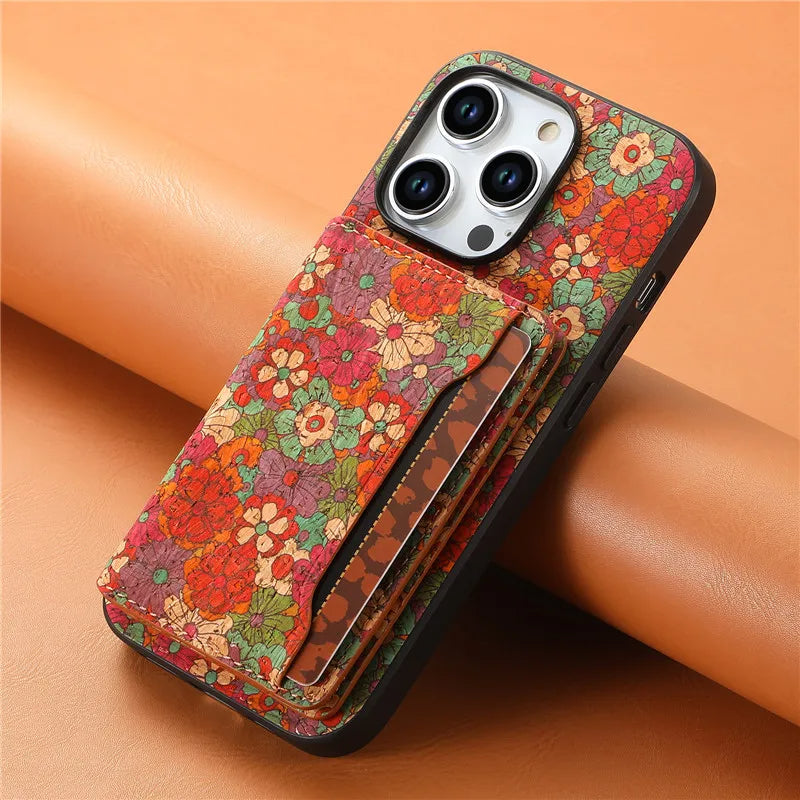 Bohemian patterned vegan leather iPhone wallet case, shockproof and stylish phone accessory.