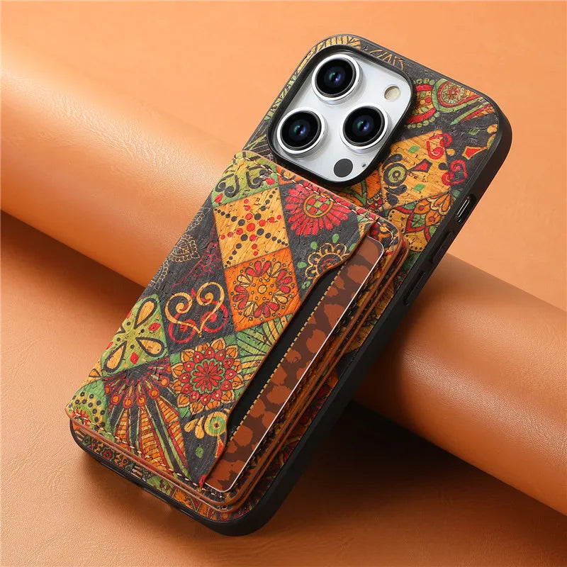 Unisex patterned iPhone wallet case with kickstand and card holder, protective phone cover.