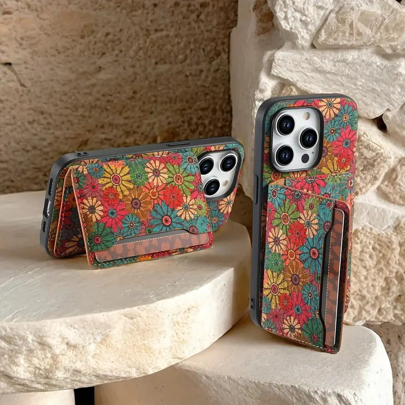 Stylish patterned iPhone accessory: vegan leather wallet case with kickstand and card slots.