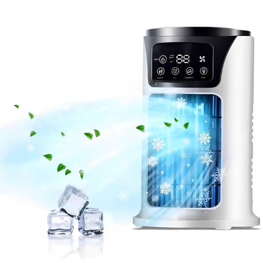 Personal portable air conditioner for cool, clean air. USB powered for desktop or room.