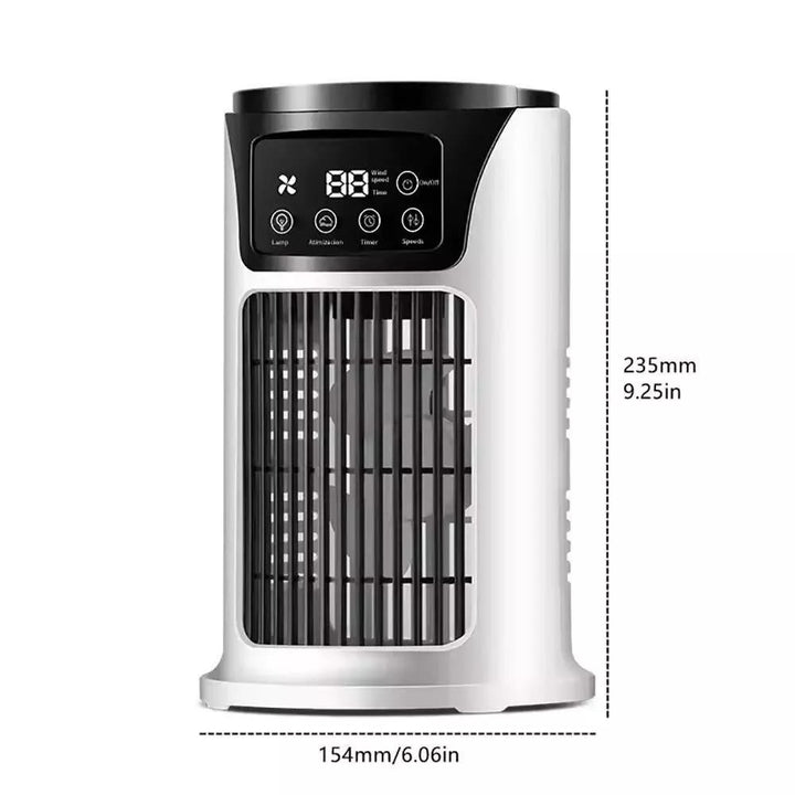 Quiet portable personal cooler with fan, humidifier & air purifier for a comfortable space.