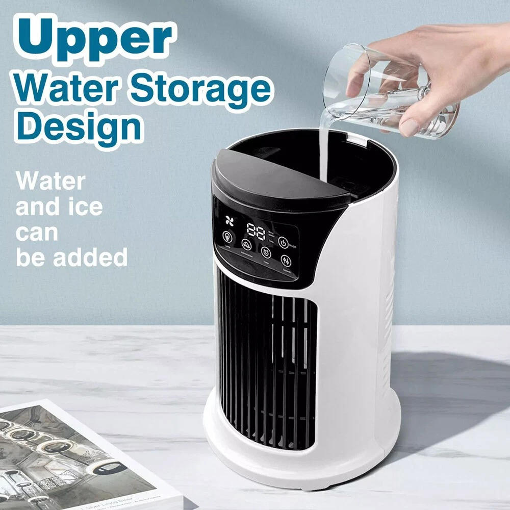 USB-powered mini air conditioner, fan, humidifier & purifier for quiet, clean comfort.