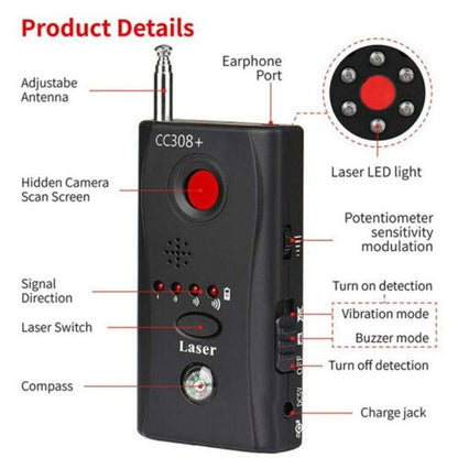 Hidden camera detector, an anti-spy device with lens finder for personal privacy and counter surveillance.
