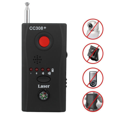 User scanning a room with a personal privacy anti-spy detector to find hidden cameras and audio bugs.