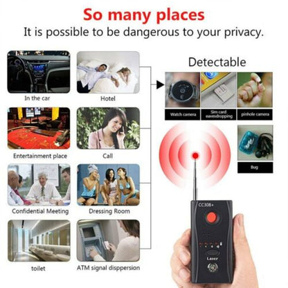 Security device: a counter surveillance bug detector to protect privacy from hidden cameras & audio bugs.
