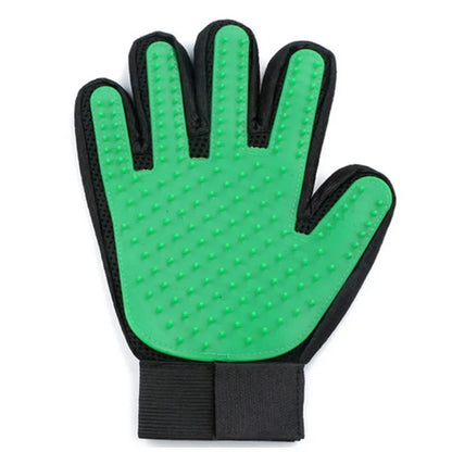Two pet grooming gloves (left & right hand) displayed, ready for efficient deshedding & bathing of pets.