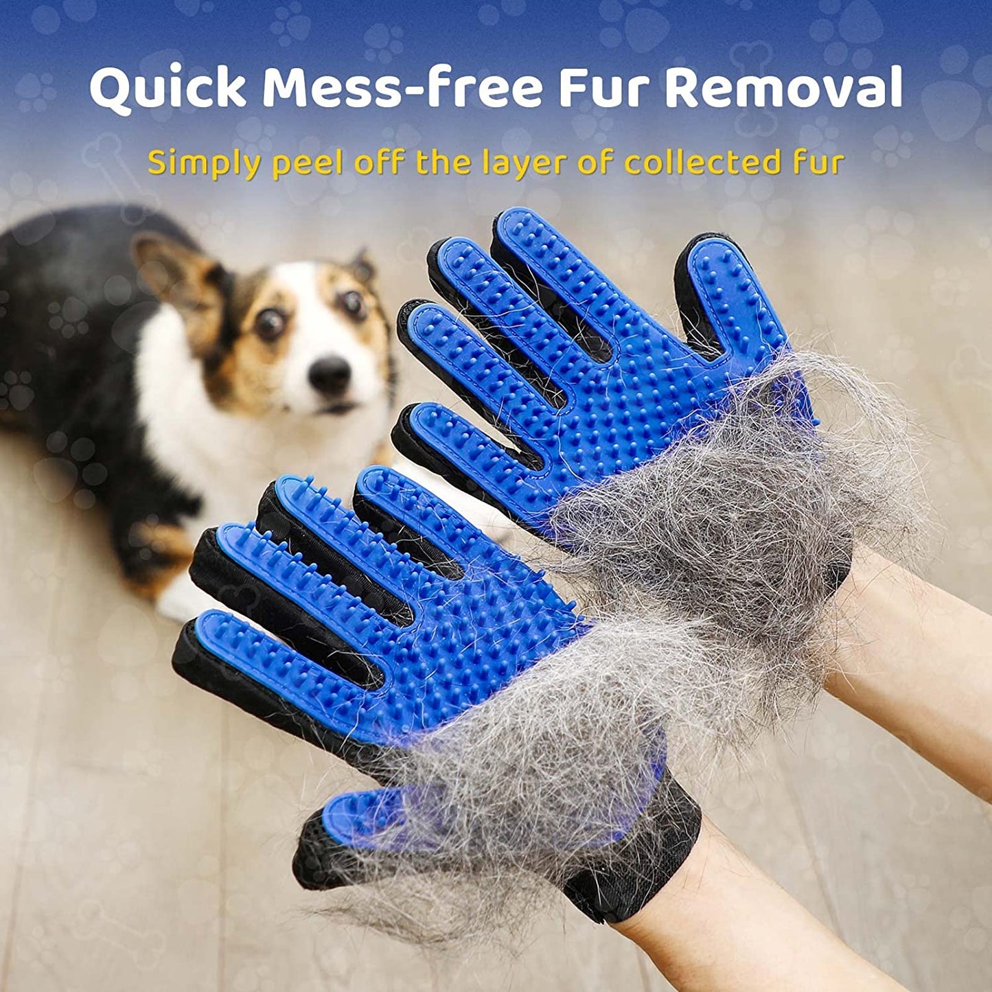 Blue pet grooming glove in action, gently brushing a short-haired dog, effectively removing loose fur.