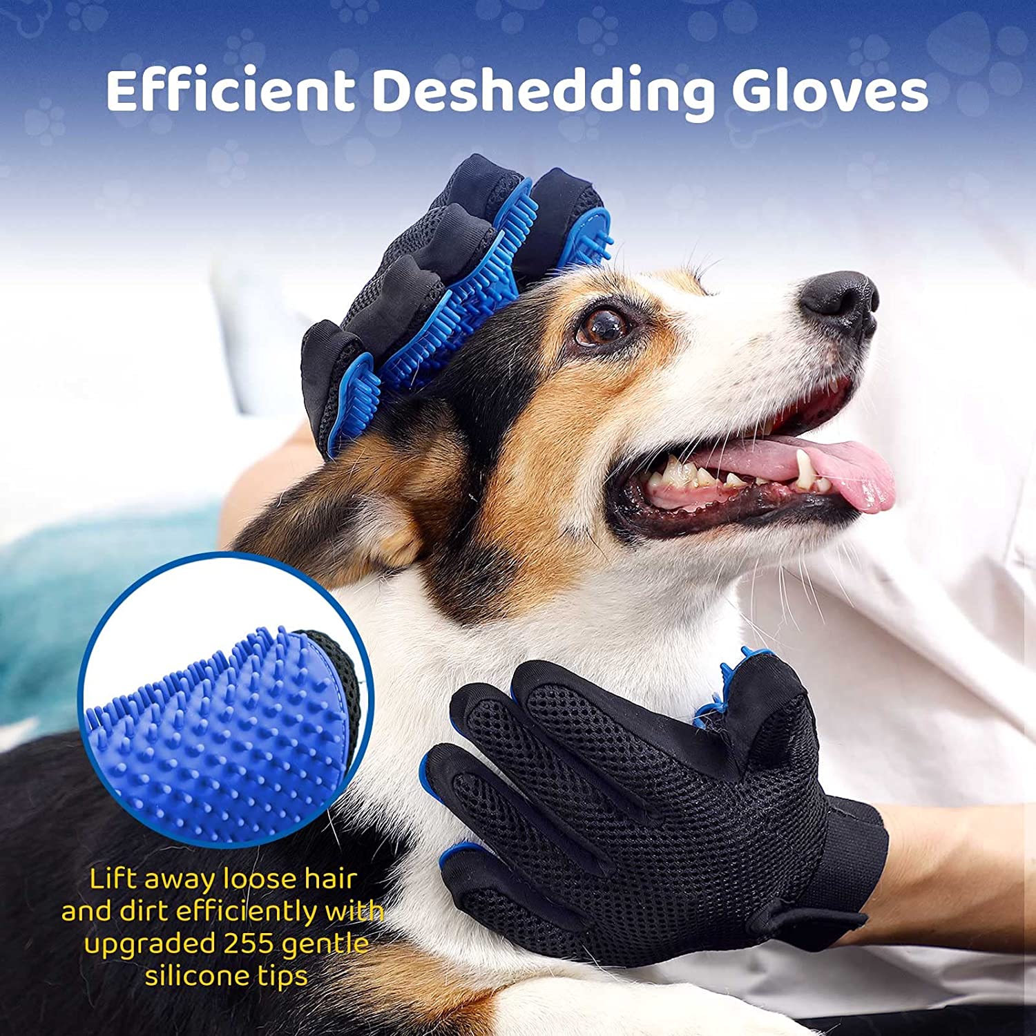 Pet massage glove for dogs & cats, stimulating circulation and removing shedding hair for a healthy coat.