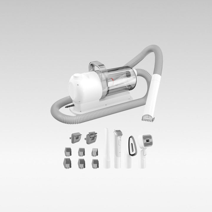 Pet grooming vacuum kit with quiet suction, perfect for dog hair removal & grooming.