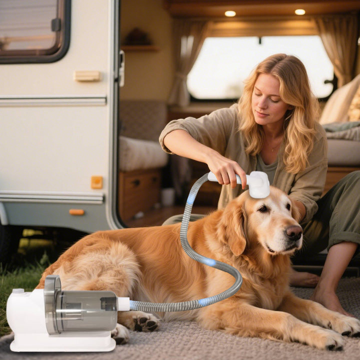 Grooming kit for pets, quiet vacuum removes loose hair, ideal for dogs.
