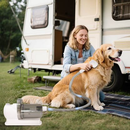 Quiet pet hair remover with vacuum suction, part of an essential grooming kit.